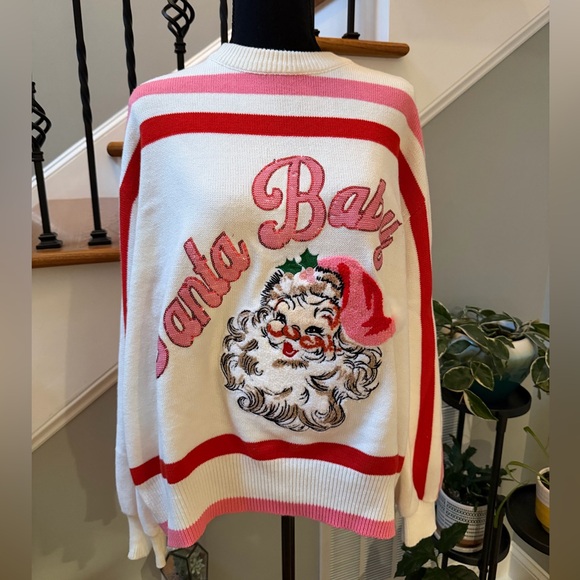 Santa Baby Sweater - Cream, Red, and Pink Stripes with Sequins and Chenille - Picture 3 of 7
